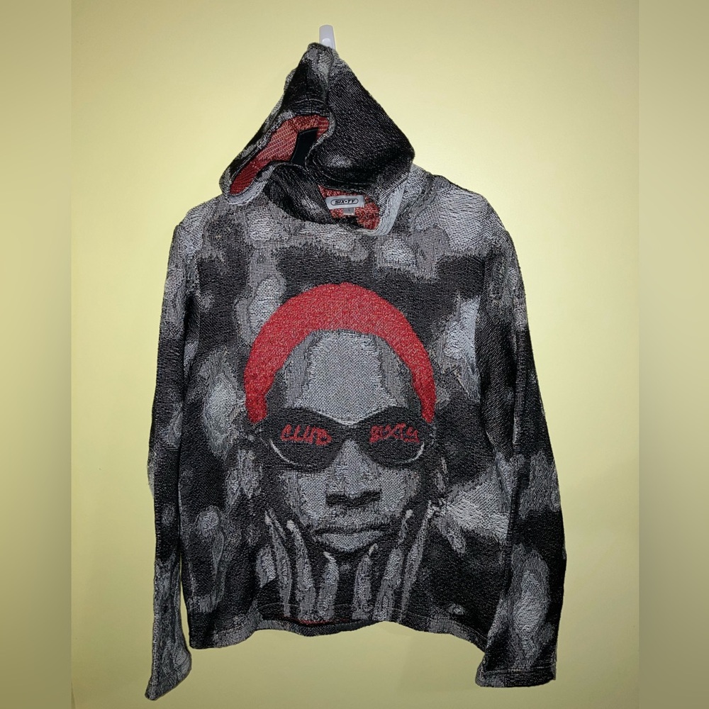 Dennis Rodman vintage club sixty tapestry woven hoodie L large rug shirt top NBA